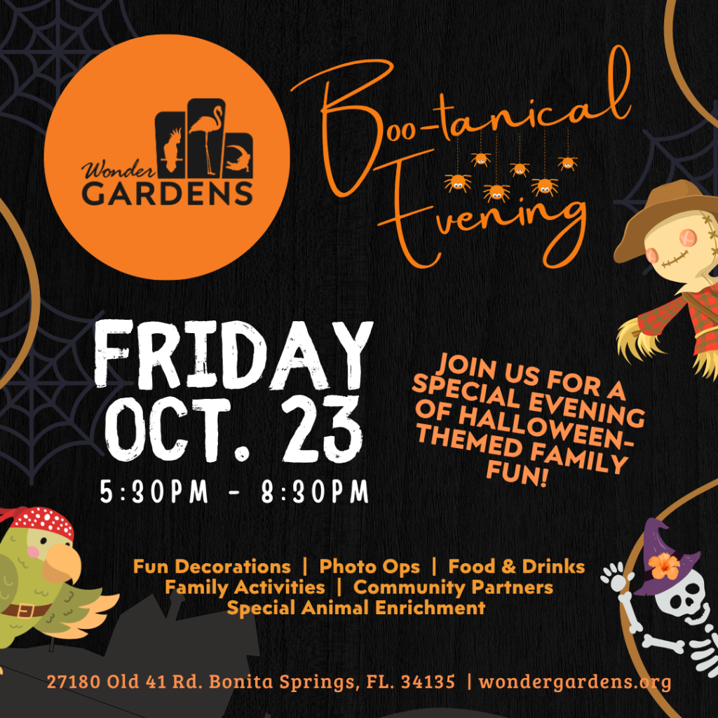 Boo-tanical Evening poster for Wonder Gardens advertising a Halloween-themed family night on Friday, Oct. 23 from 5:30 PM to 8:30 PM.