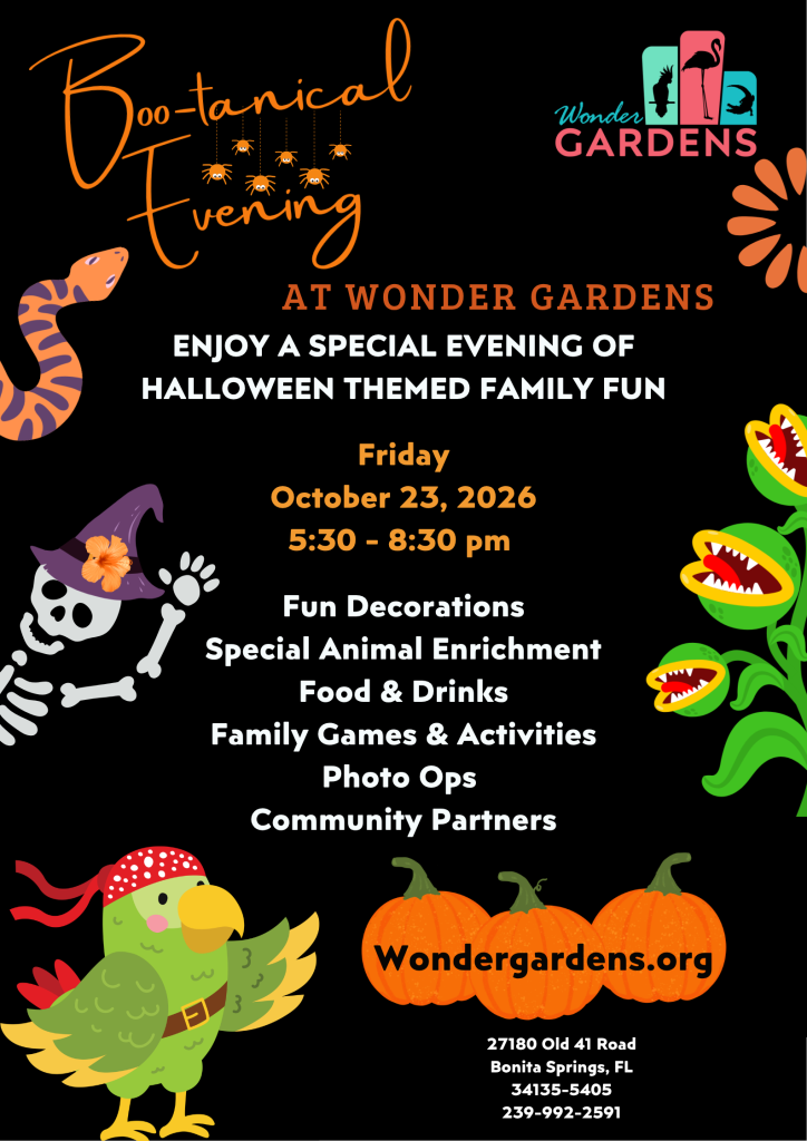 Colorful Halloween-themed flyer for Botanical Evening at Wonder Gardens, featuring whimsical creatures and family-friendly activities, scheduled for Friday, October 23, 2026, from 5:30 to 8:30 pm.
