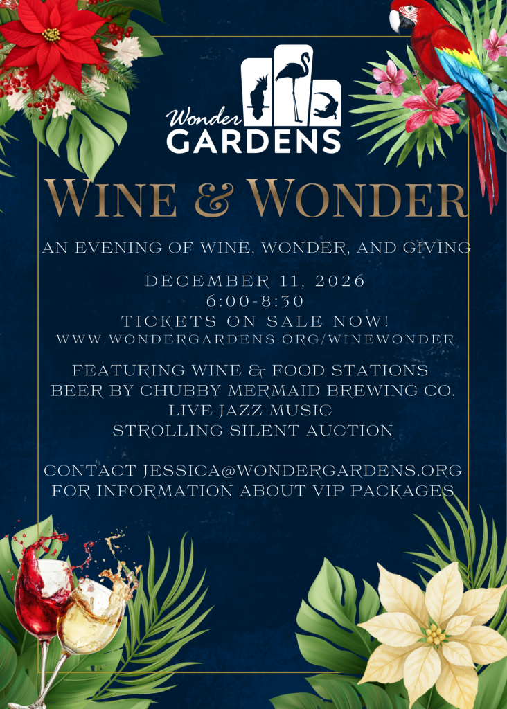 Poster for Wine & Wonder at Wonder Gardens, an evening of wine, wonder, and giving with a floral border.